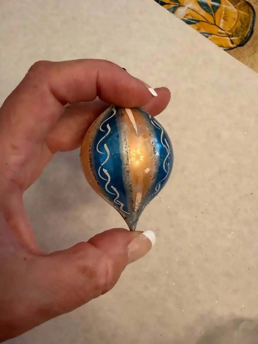 Vtg Blown Glass Indent Reflector Christmas Ornament Blue and Orange Mini Teardr